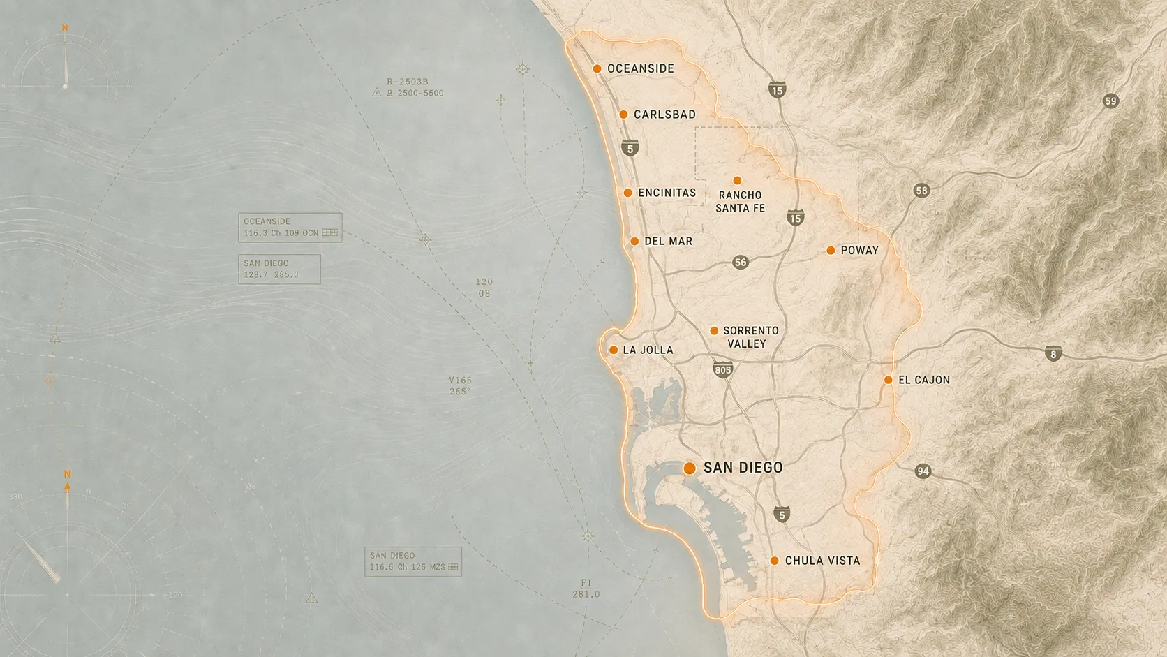 Chart of Altamar's San Diego County service area showing controlled airspace boundaries.